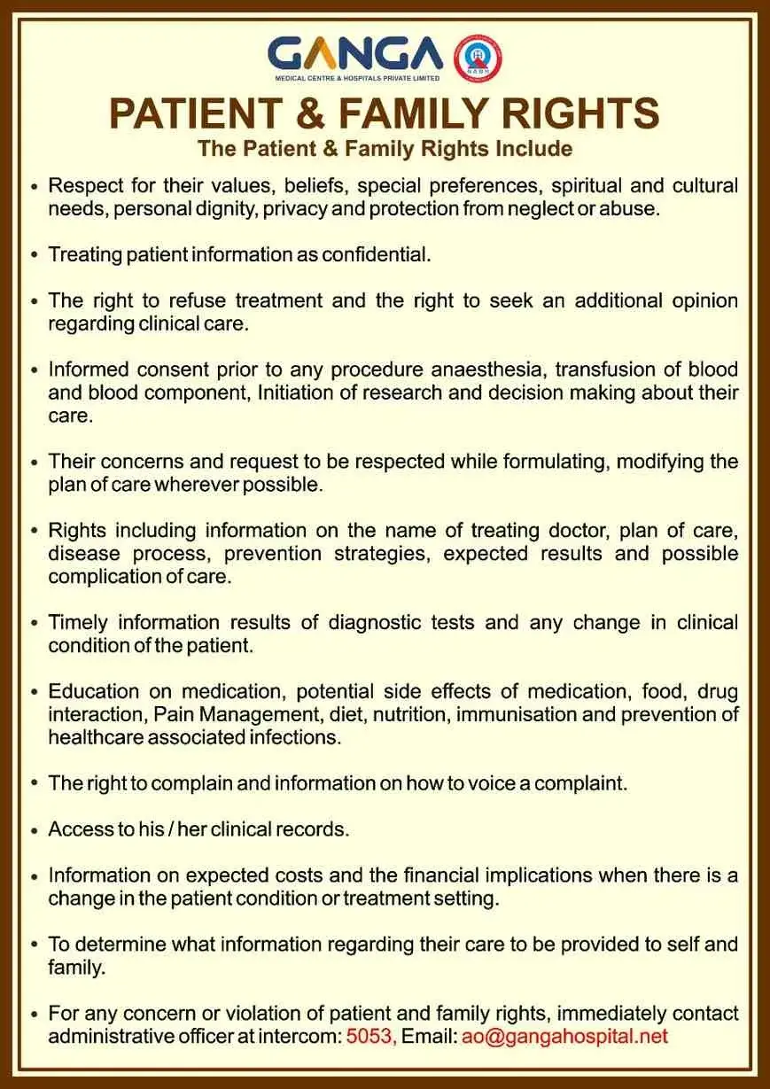 Patient and family rights in hospital information poster in english